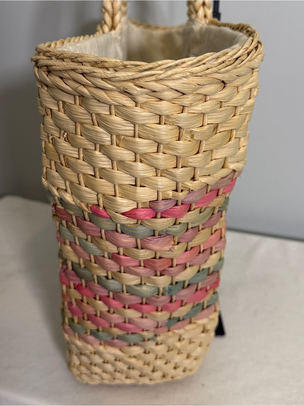 Vintage Straw Tote Market Bag Woven Pastel Pink Blue Purple Diamond Pattern - Picture 4 of 16